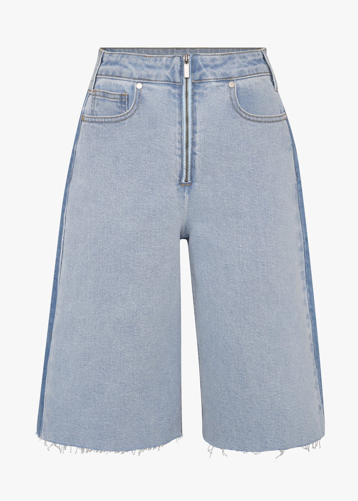 Light blue denim shorts on a white background