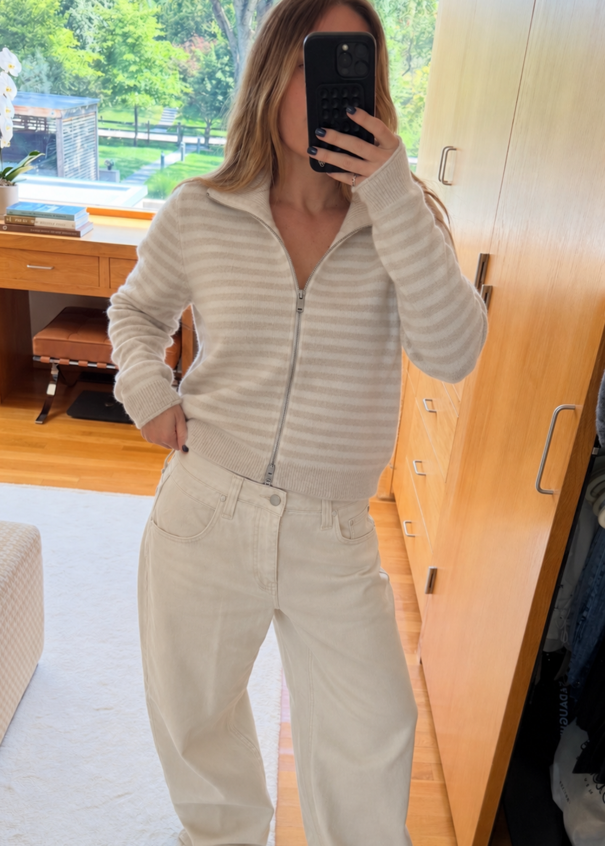 ivory and beige stripe cashmere sweater with two way zipper