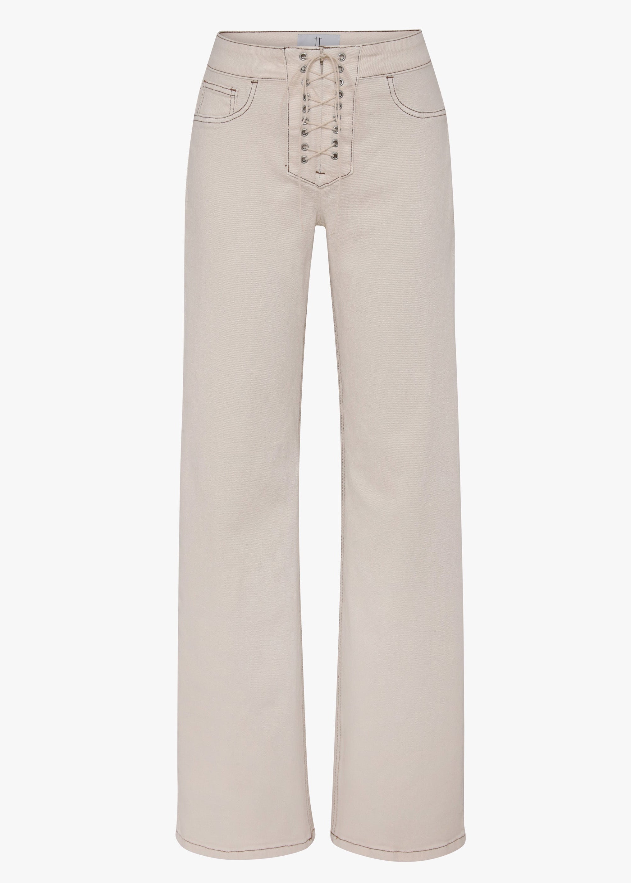 Beige pants with a lace-up front on a white background