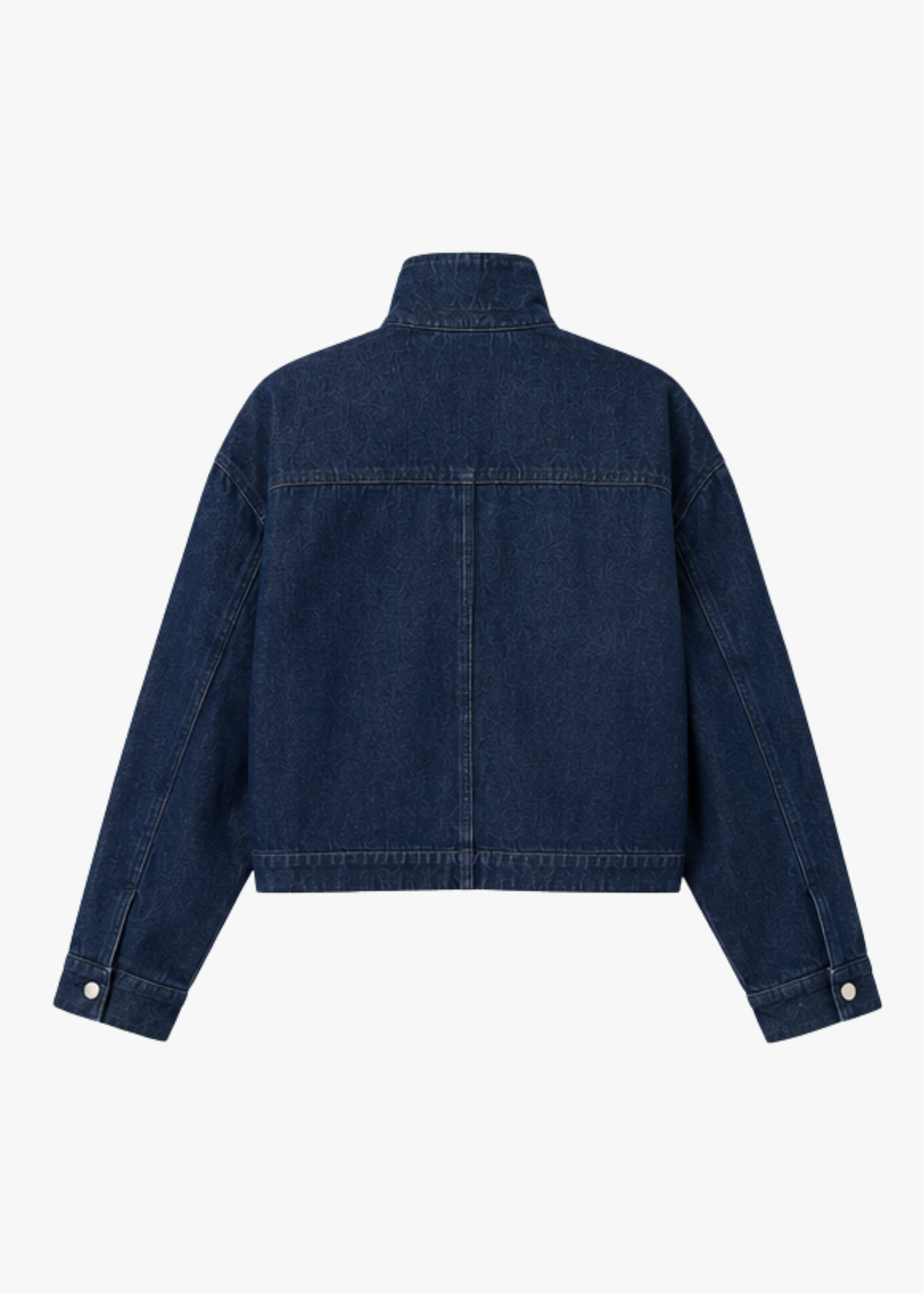 A dark blue denim jacket shown from the back, featuring a high collar and long sleeves with buttoned cuffs, photographed against a solid off-white background.