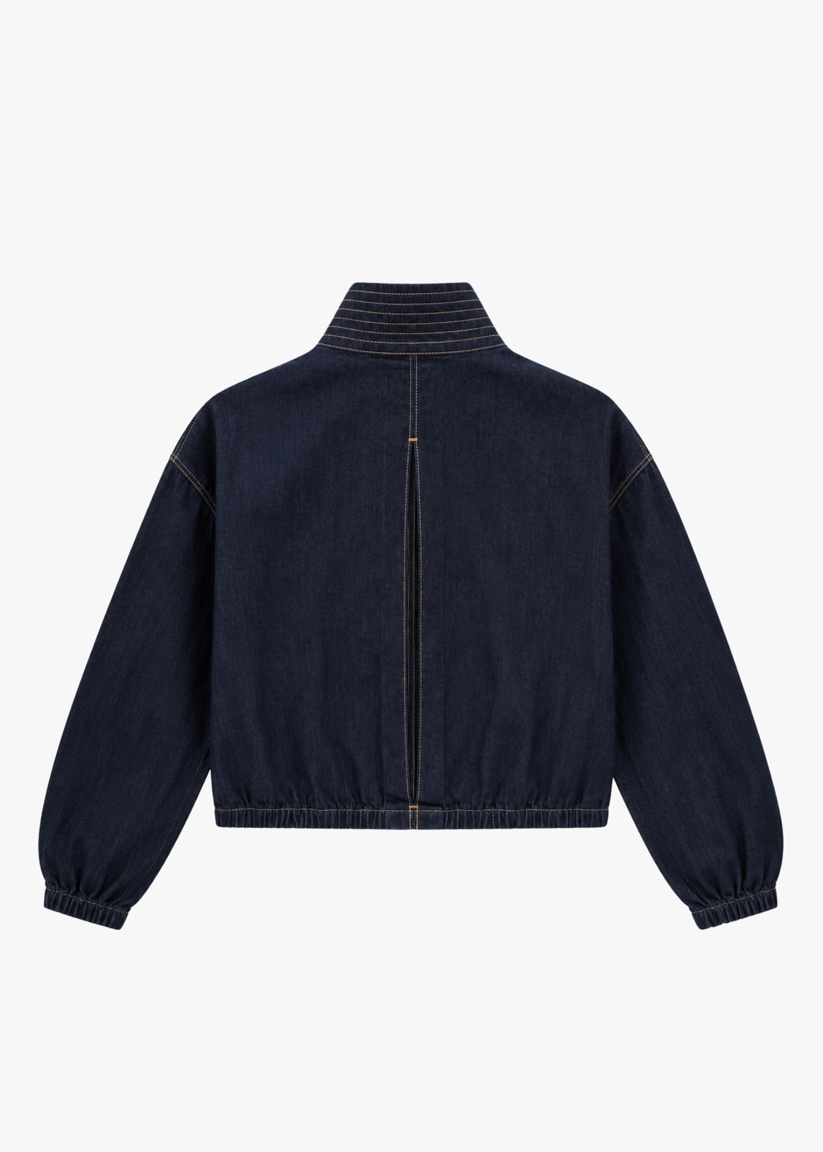 funnel neck dark denim jacket with contrast stitching