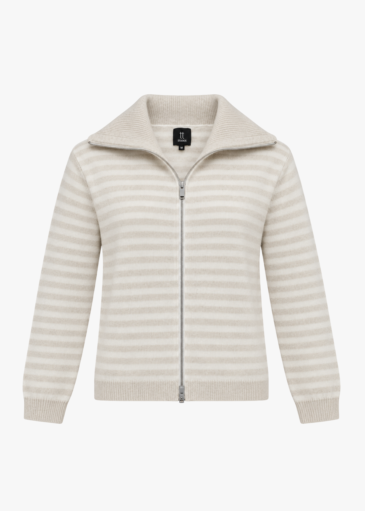 ivory and beige stripe cashmere sweater with two way zipper