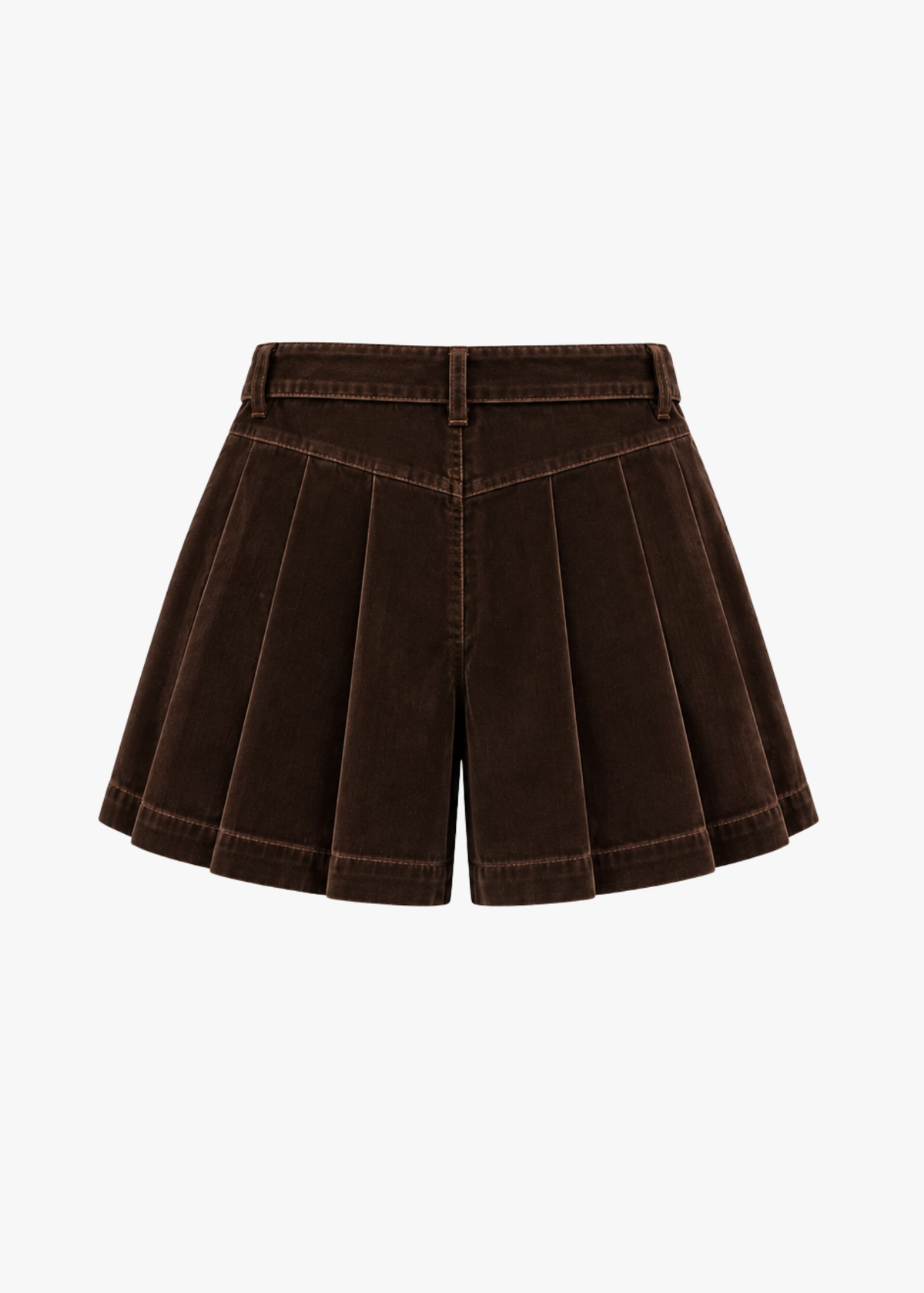 A dark brown pleated flocked denim short with a matching belt and silver buckle, shown flat on a light gray background.