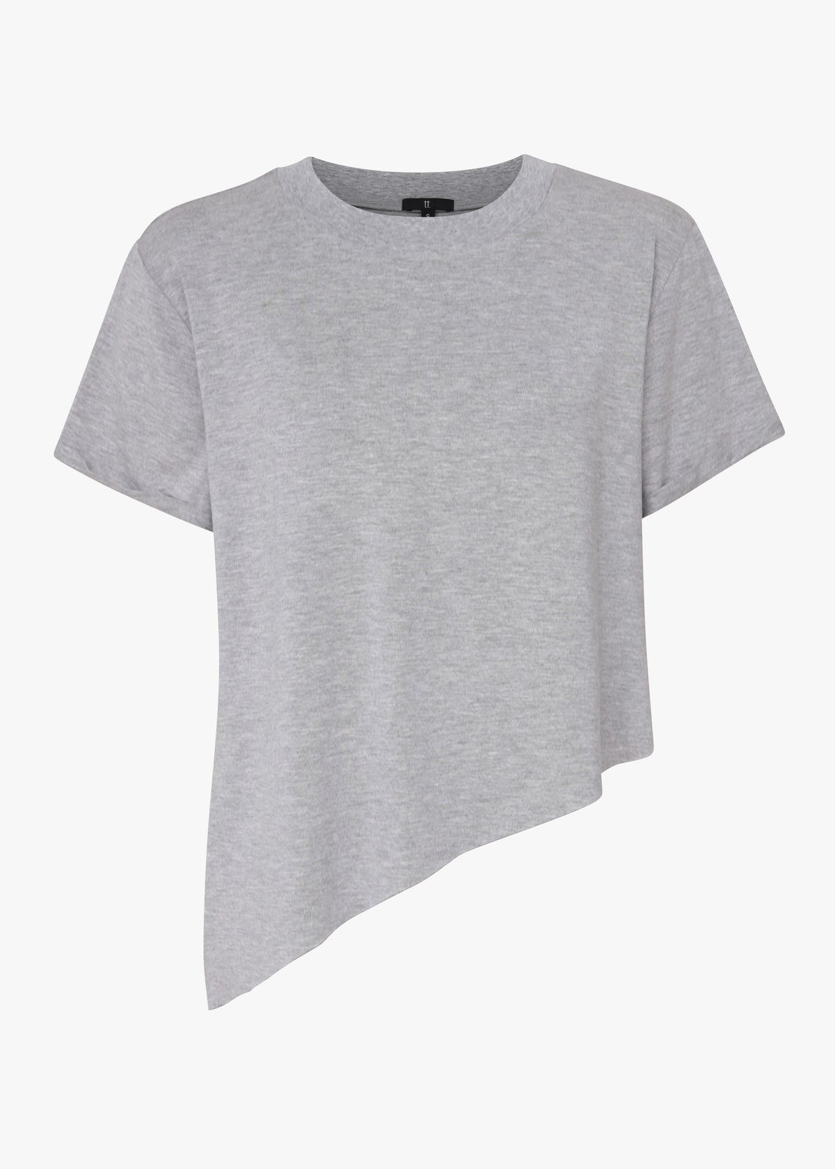 Gray t-shirt with an asymmetrical hem on a white background