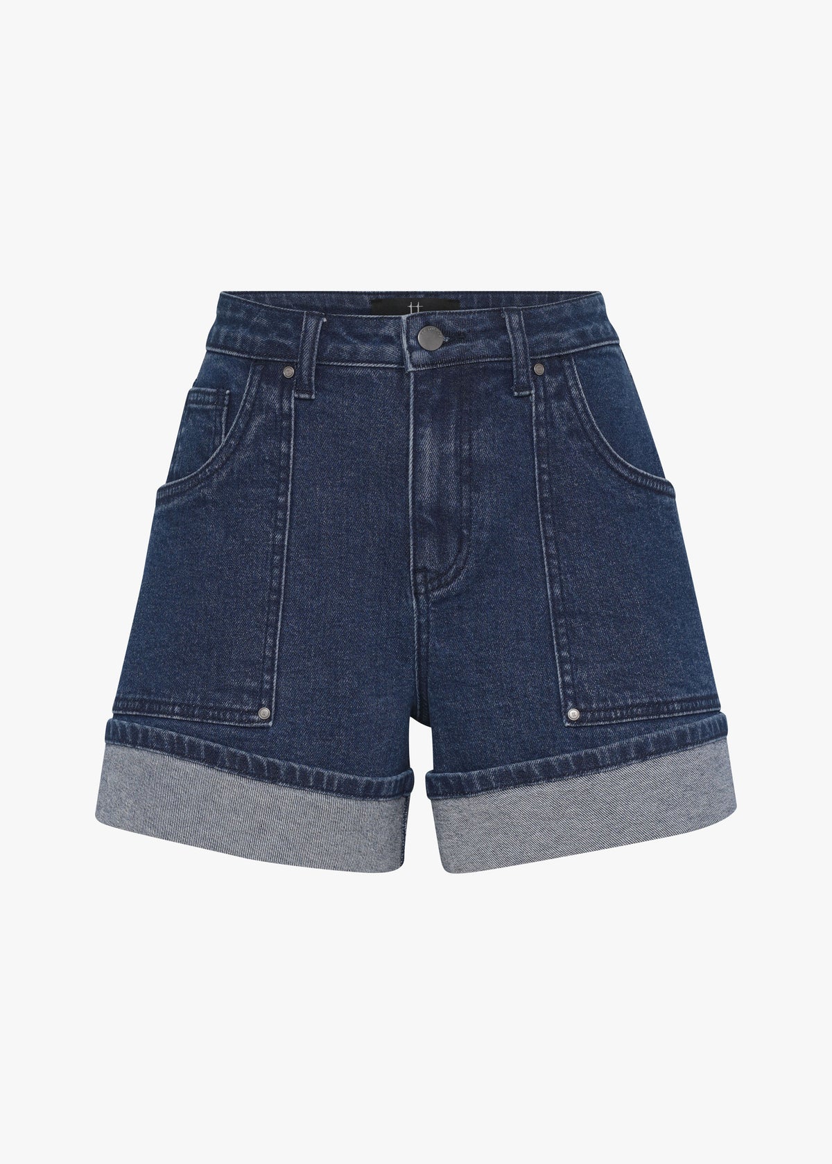 Blue cuffed denim shorts on a white background