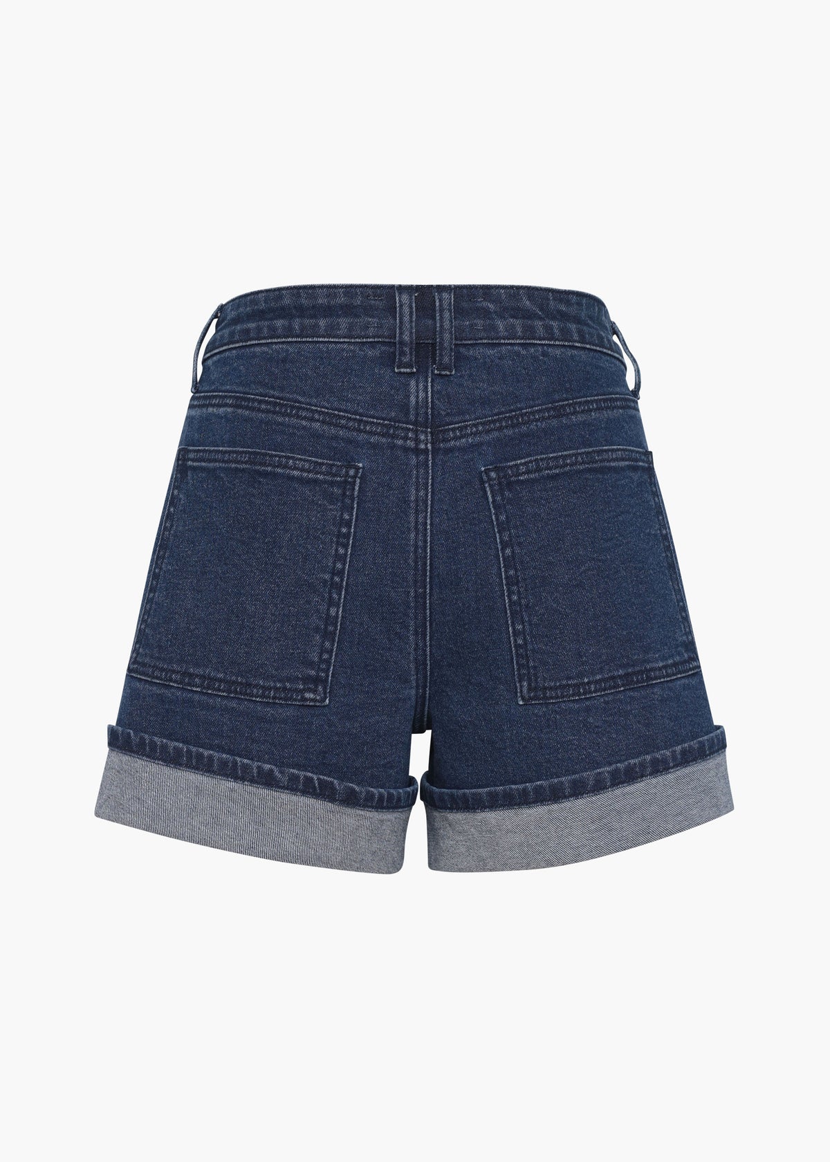 Blue denim shorts with gray hem on a white background