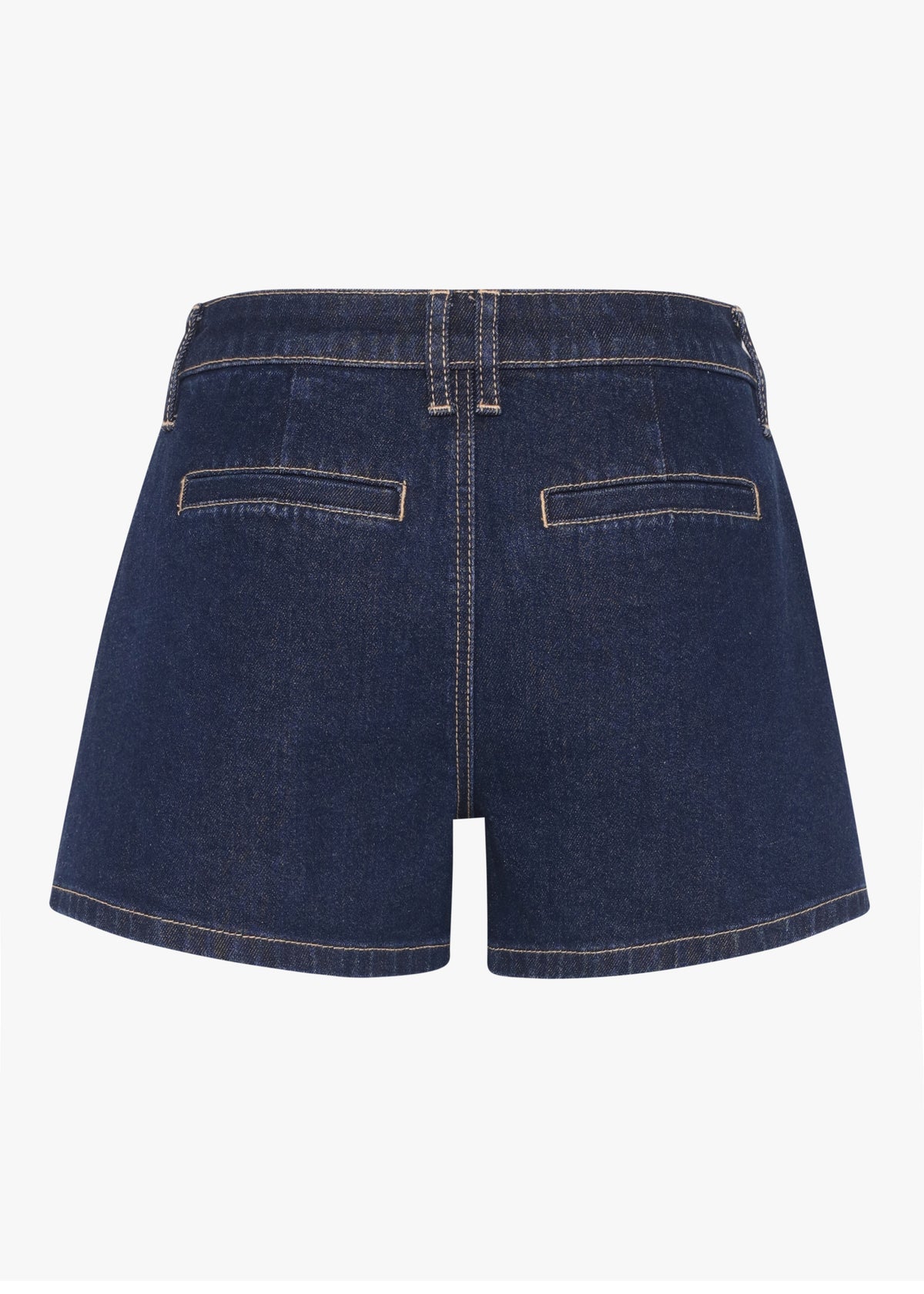 Back view of dark blue denim shorts on a white background