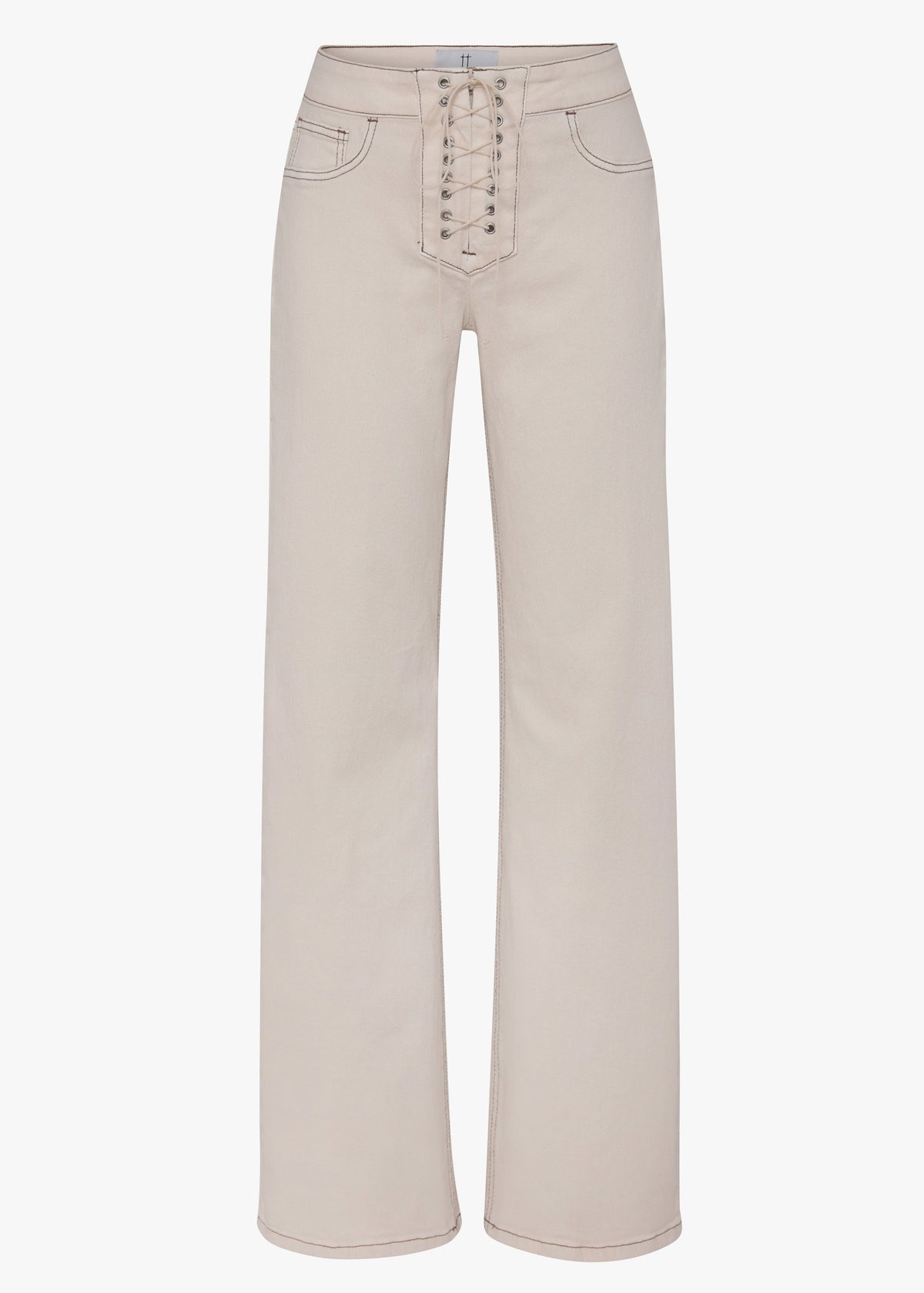 Beige pants with a lace-up front on a white background
