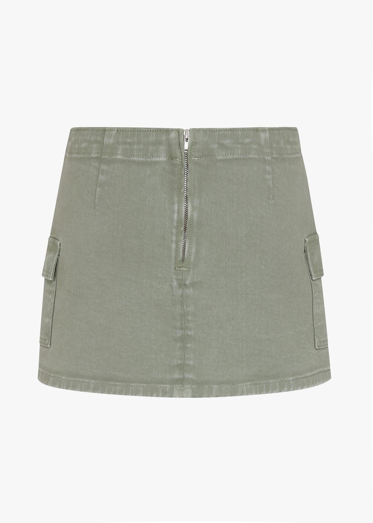 Green denim skirt with zippers on a white background
