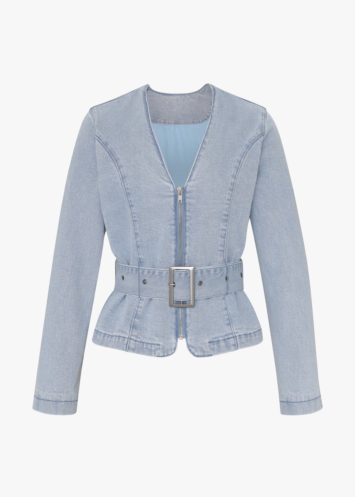 Light blue denim jacket with a belt on a white background