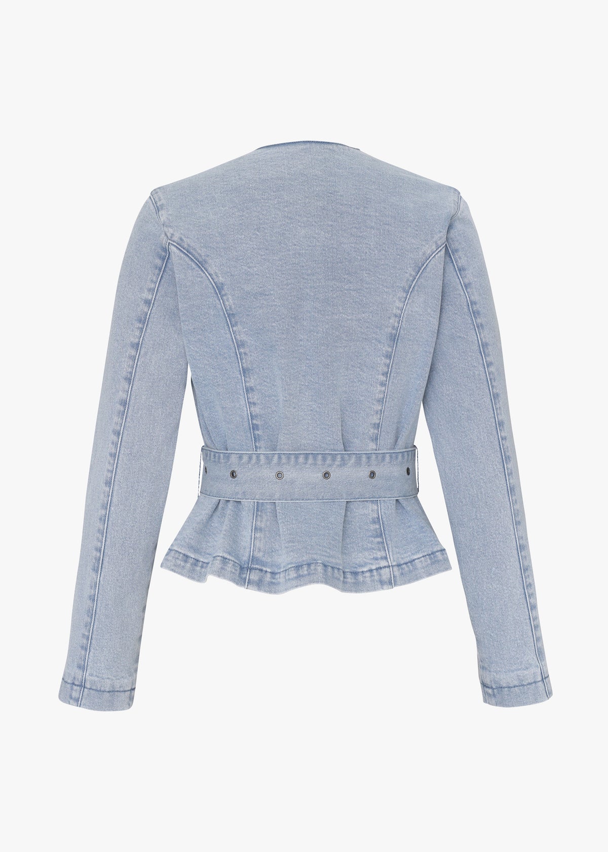 Light blue denim jacket with peplum waist on a white background