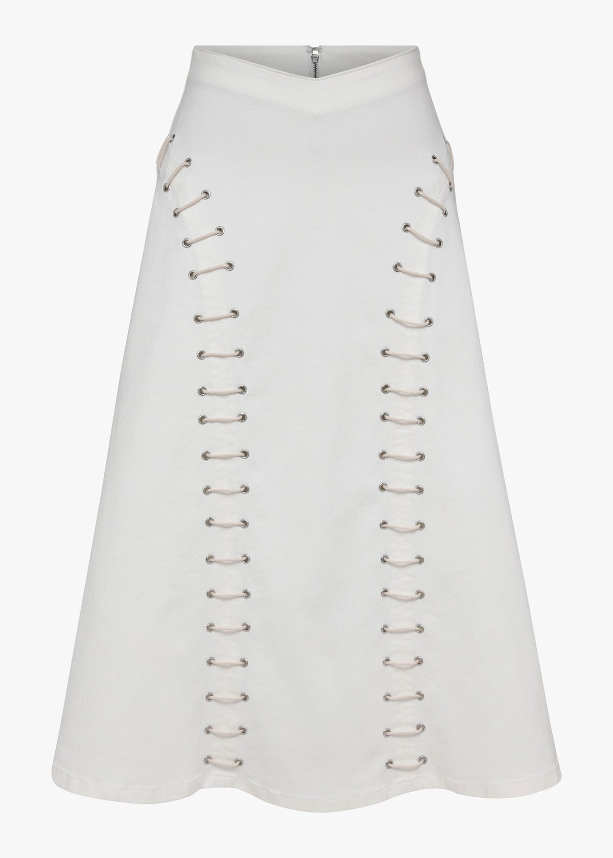 White skirt with button details on a white background