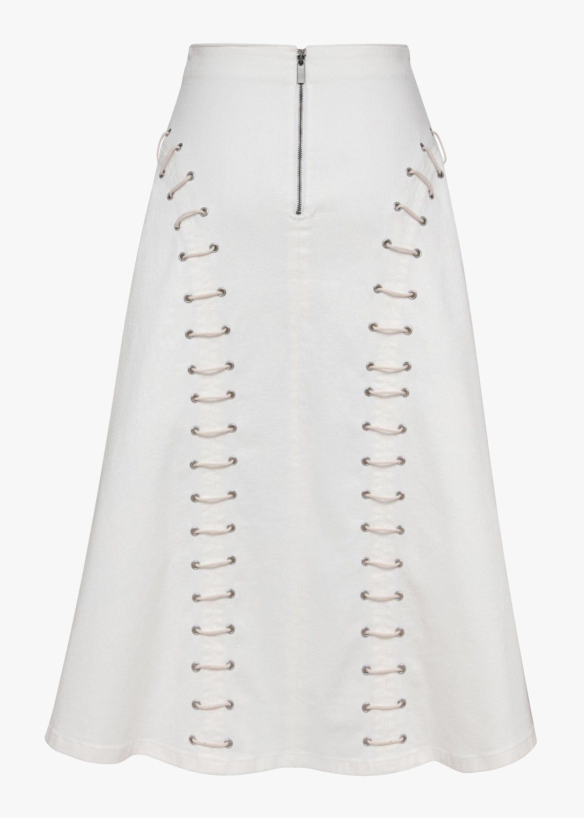 White skirt with lace-up front on a white background