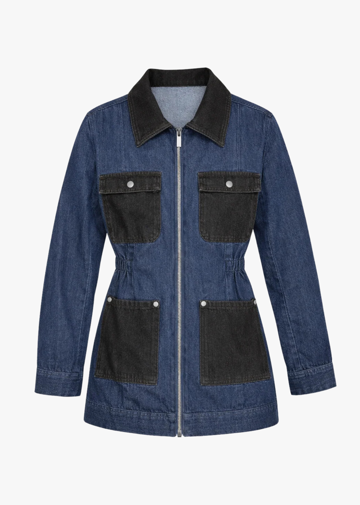 Blue denim jacket on a white background