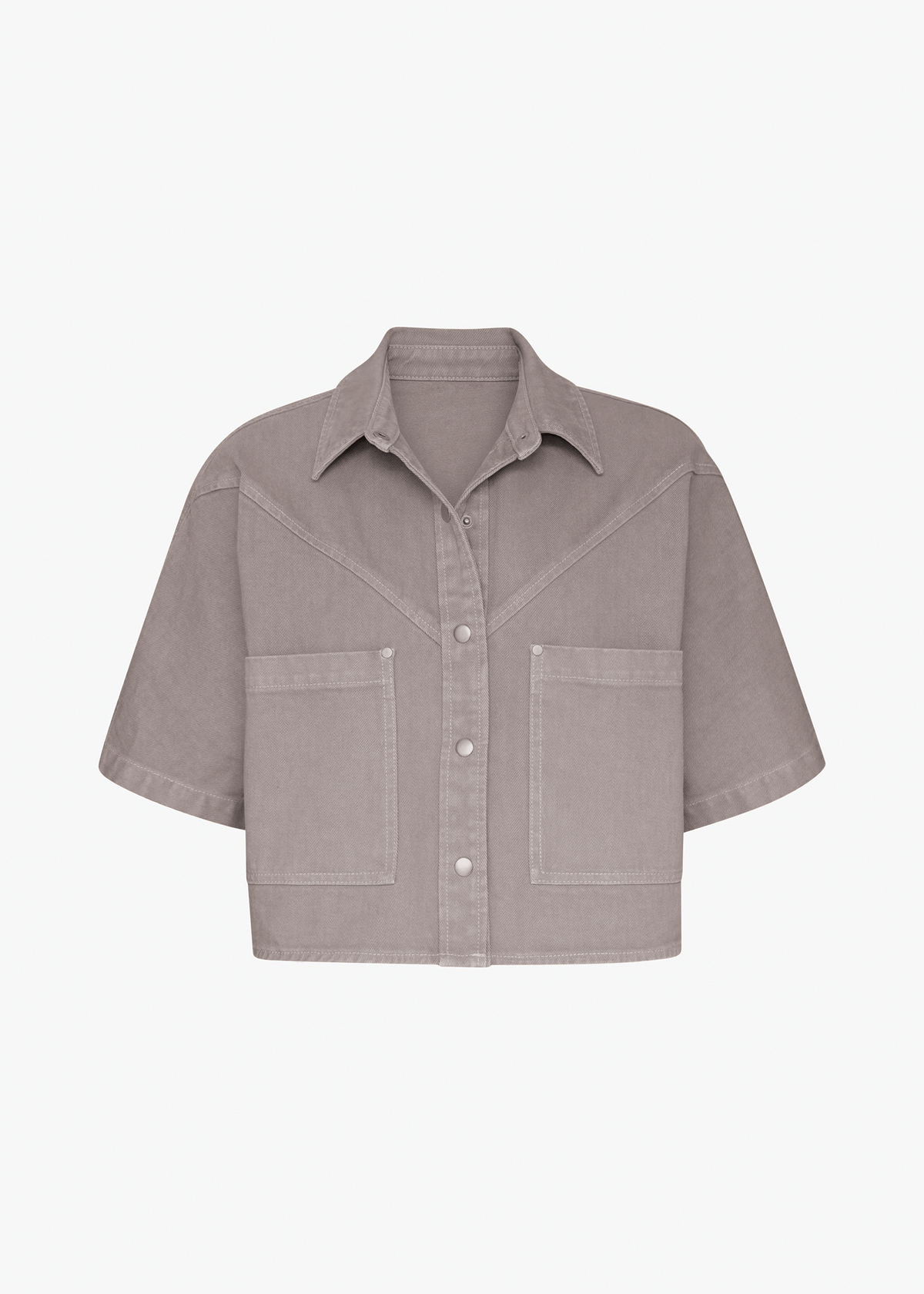 Light grey denim shirt with short sleeves on a white background