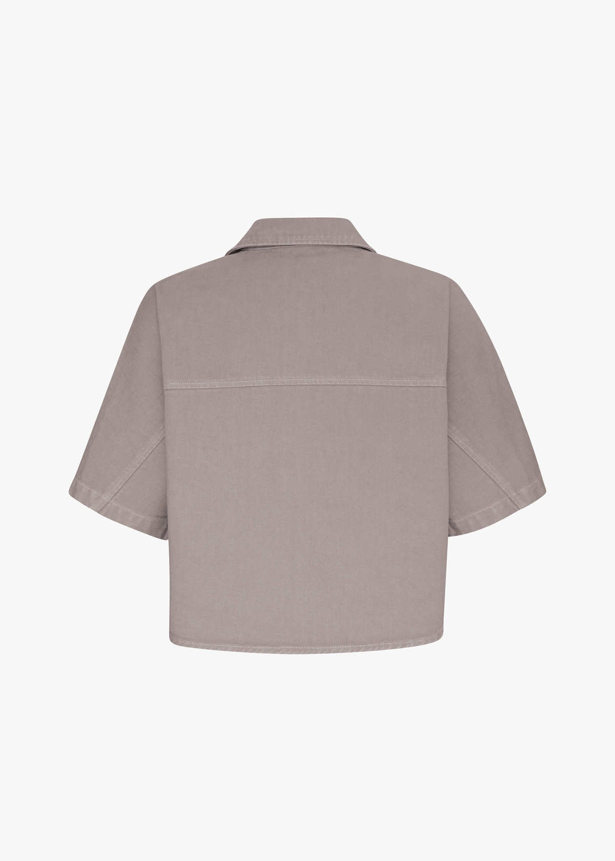 Back view of a light gray short-sleeve shirt on a white background