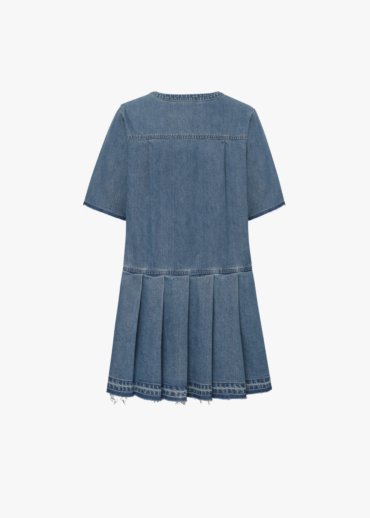 A short-sleeve denim dress with a round neckline, frayed edges, and a pleated skirt, shown against a plain white background.