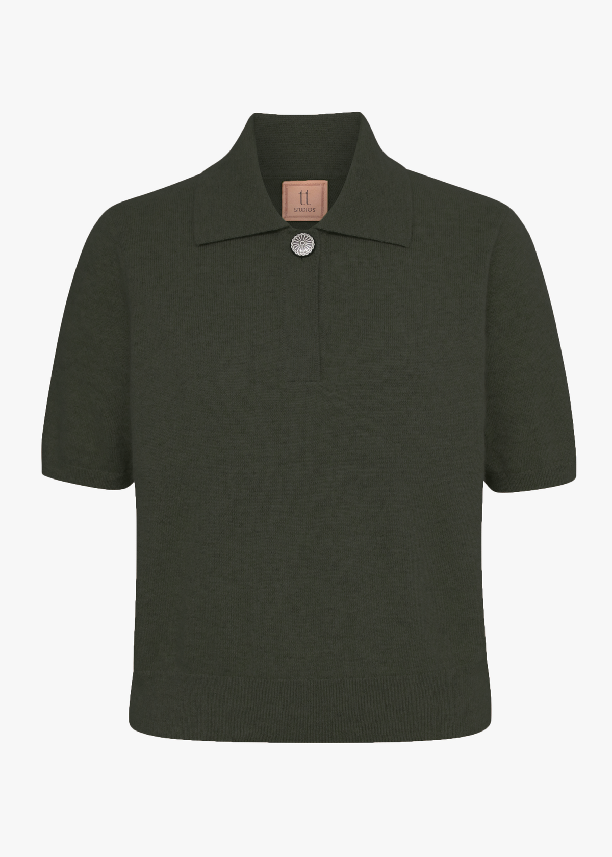 Dark green short-sleeve shirt with a collar on a white background