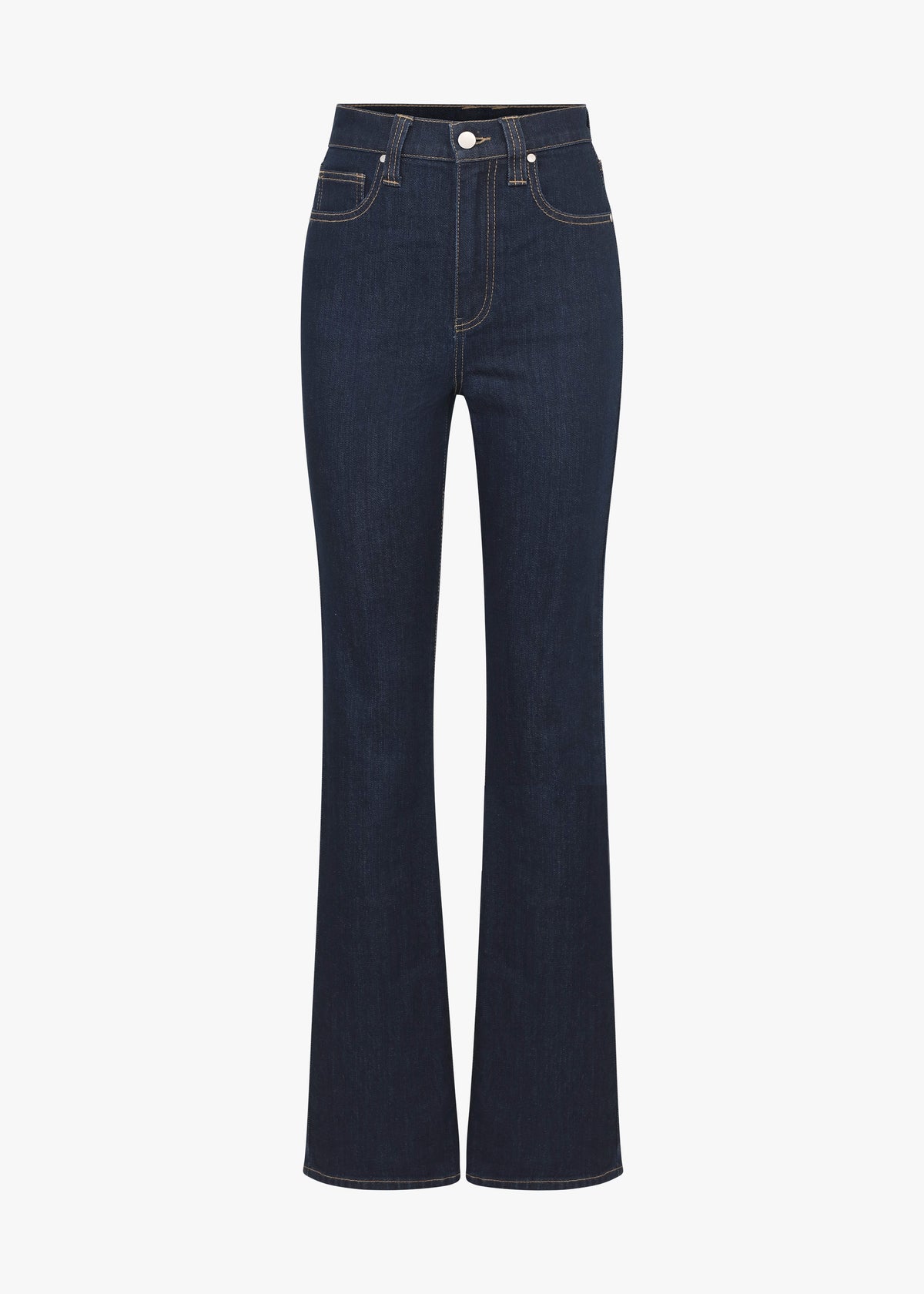 Dark blue high waisted bootcut jeans on a white background