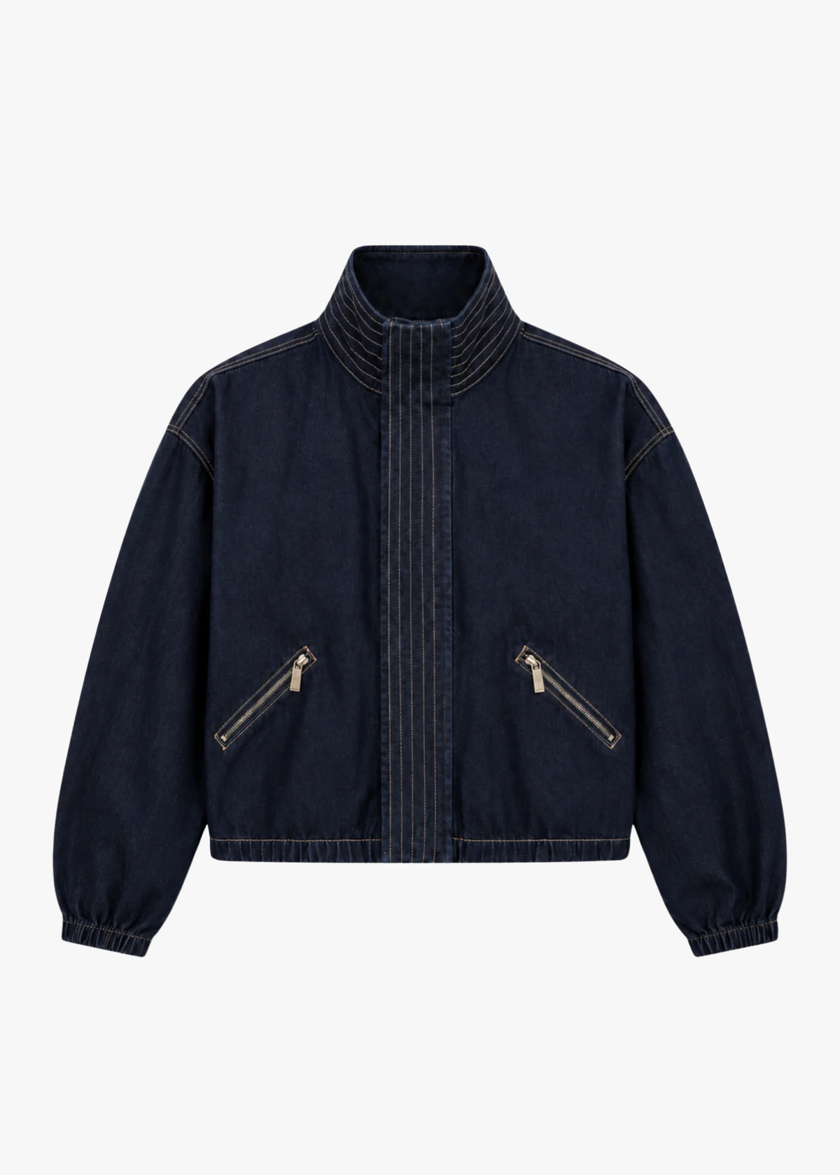 dark denim jacket with contrast stitching